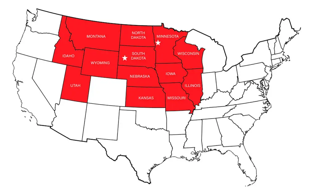 A map of the United States showing Horsley Specialties' service area in red.