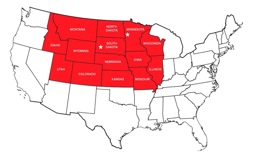 A map of the United States showing Horsley Specialties' service area in red.